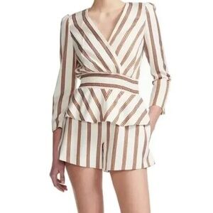 Maje Rayure Romper Size 40 Med Cream Bronze Striped Peplum Long Sleeve